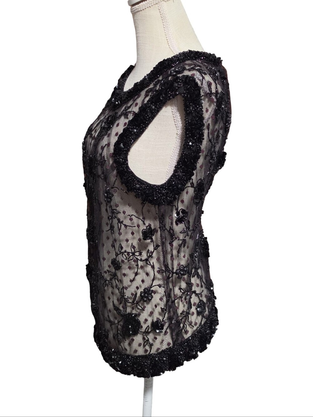 VINTAGE Beaded Mesh Top Womens Medium Black Floral Sequin British Hong Kong - Picture 7 of 8
